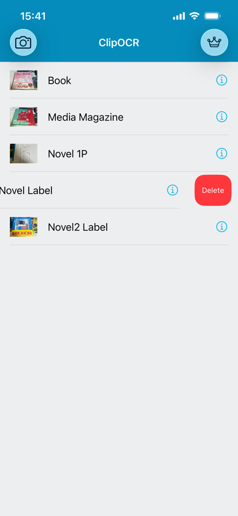 ClipOCR2 - A list of saved scans in the ClipOCR2 app showing titles like Book and Media Magazine with a delete button visible on one item