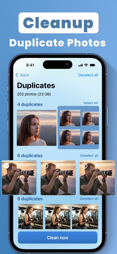 Aura Cleaner: Clean Up Storage - Interfaz de la aplicación Aura Cleaner mostrando fotos duplicadas agrupadas y un botón de limpiar ahora para liberar espacio de almacenamiento.