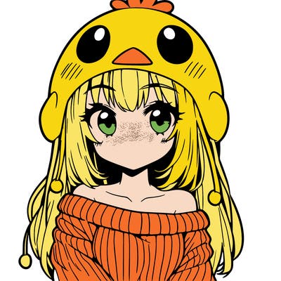 anime girl with chick shaped hat with sweater with bare shoulders with bangs covering them one eye with low tail
