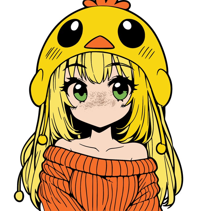 anime girl with chick shaped hat with sweater with bare shoulders with bangs covering them one eye with low tail