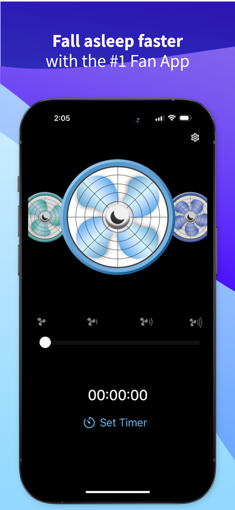 Sleep Aid Fan - White Noise - Sleep Aid Fan app interface showing fan noise selection and sleep timer