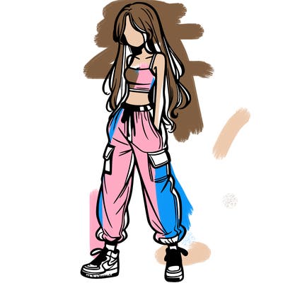 girl in baggy pants crop top and long hair