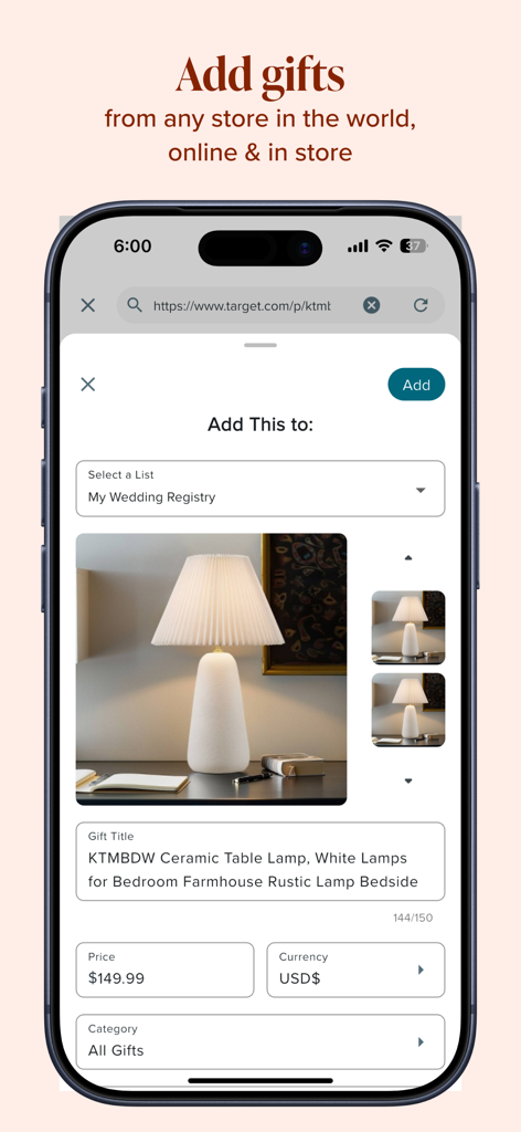 iPhone screen displaying the MyRegistry app interface used to add a ceramic table lamp from a retailer website to a wedding registry