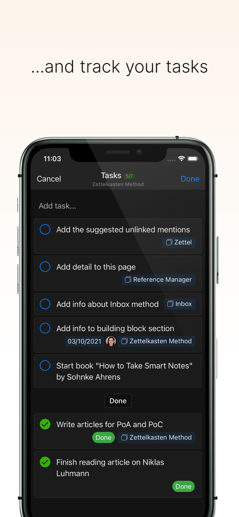 Hypernotes by Zenkit - Hypernotes by Zenkit mobile interface showing a task list for the Zettelkasten Method with completed and pending items.