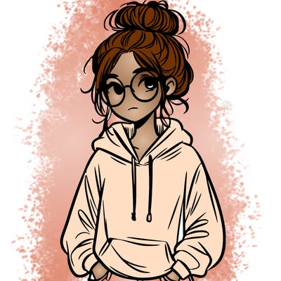 teen girl with a messy bun and glasses wearing a loose hoodie and jeans