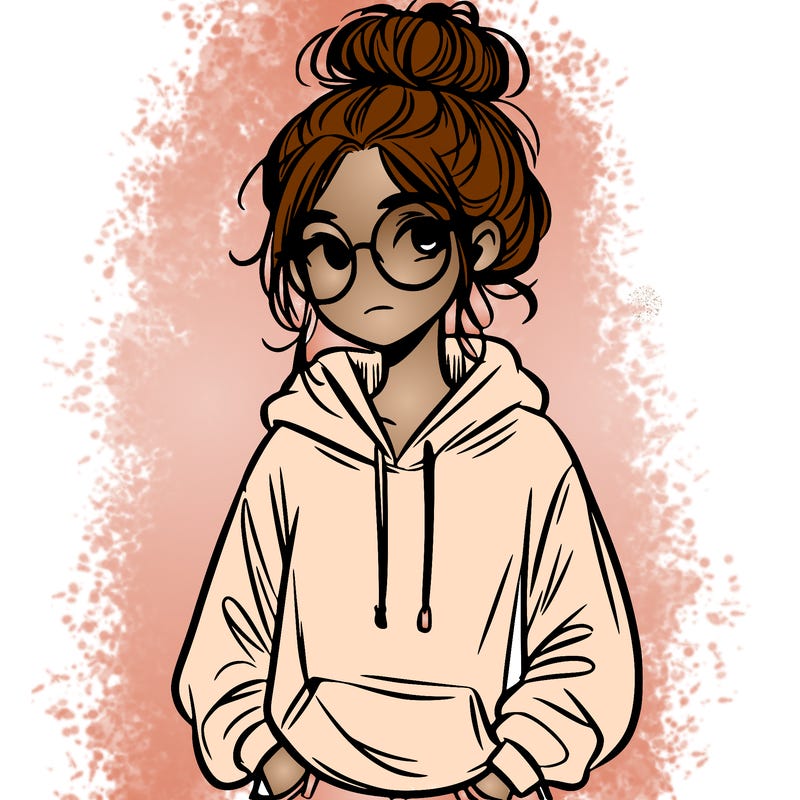 teen girl with a messy bun and glasses wearing a loose hoodie and jeans