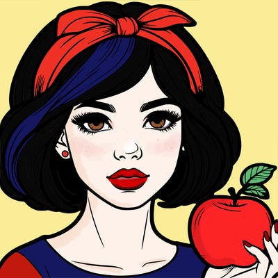 a woman with medium short hair, wearing a headband with a small bow, carrying an apple in her hand, realistic