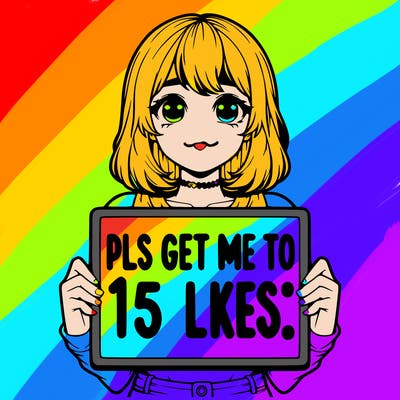 realistic girl holding up a sign that says “pls get me to 15 likes!”