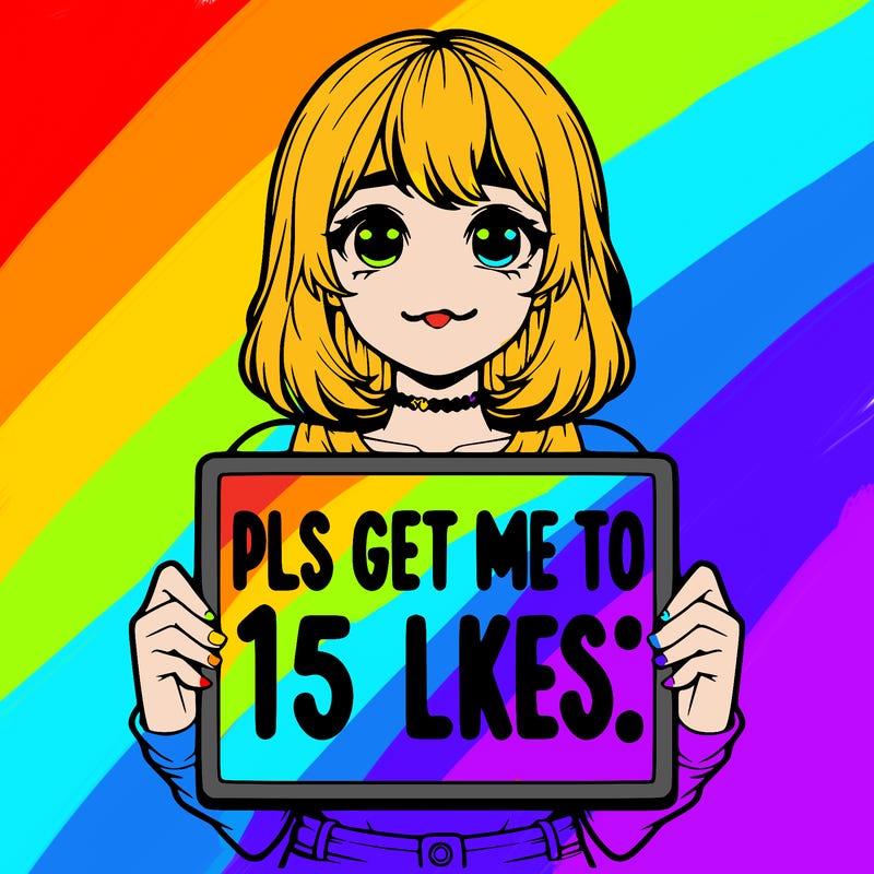 realistic girl holding up a sign that says “pls get me to 15 likes!”