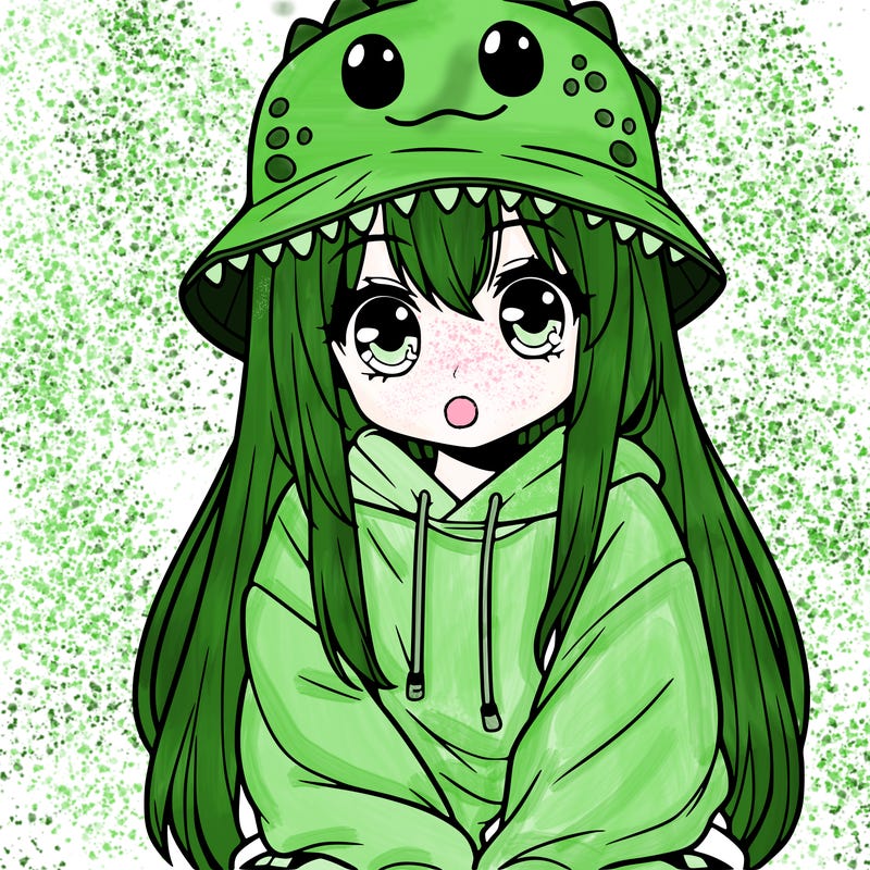 girl with anime shaped eyes with a dinosaur bucket hat oversized sweatshirt long straight hair