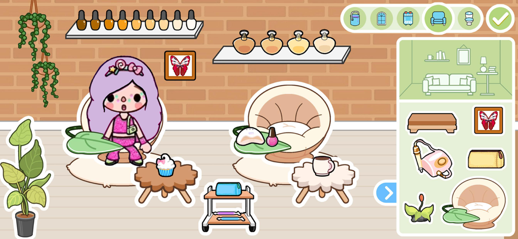 Princess Games Makeup Salon - A character with purple hair in a beauty salon customization screen featuring furniture and decoration options