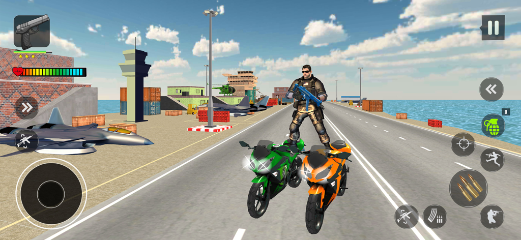 Jugabilidad de FPS Shooting Commando Strike con un soldado de pie sobre motocicletas en una base portuaria con aviones a reacción