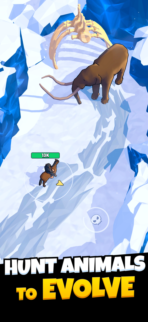 A primitive warrior riding a horse near a mammoth in a snowy landscape with the text Hunt Animals to Evolve.