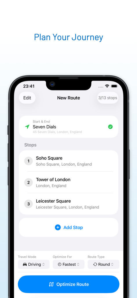RouteGO - Route Planner - Interface of RouteGO app showing a multi-stop journey plan with options for driving travel mode and route optimization.