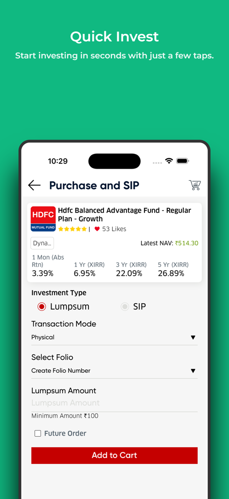 Advisor X By REDVision - Advisor X app interface showing mutual fund investment and SIP options
