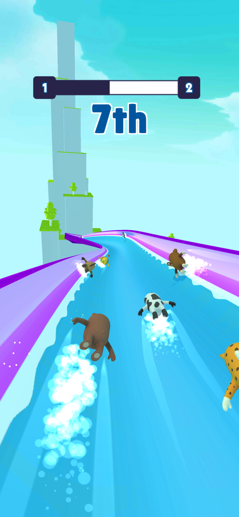 Waterpark.io 3D - Des personnages animaux s'affrontent sur un toboggan aquatique dans Waterpark.io 3D