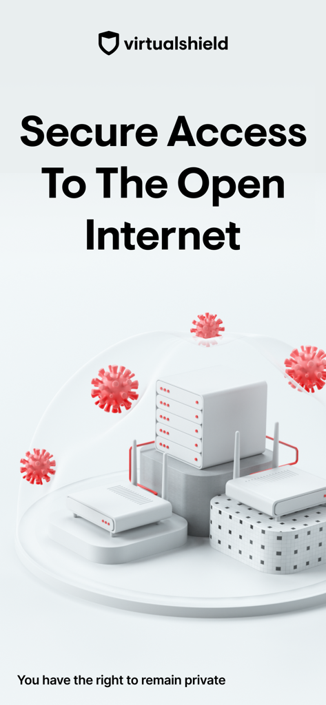 VirtualShield app display showing secure access to the open internet headline with a protective shield over network hardware.