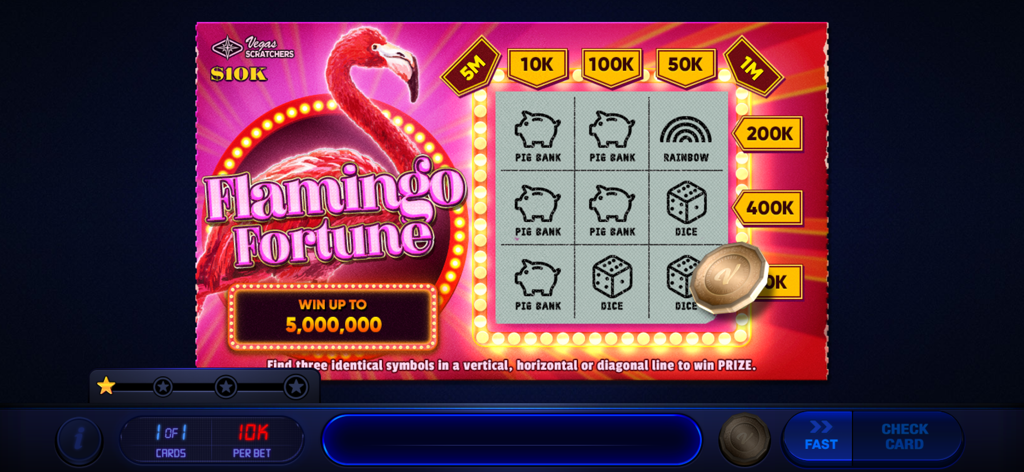 Vegas Lottery Scratchers - Interfaz de tarjeta de rasca y gana con temática "Flamingo Fortune" con símbolos y una moneda virtual