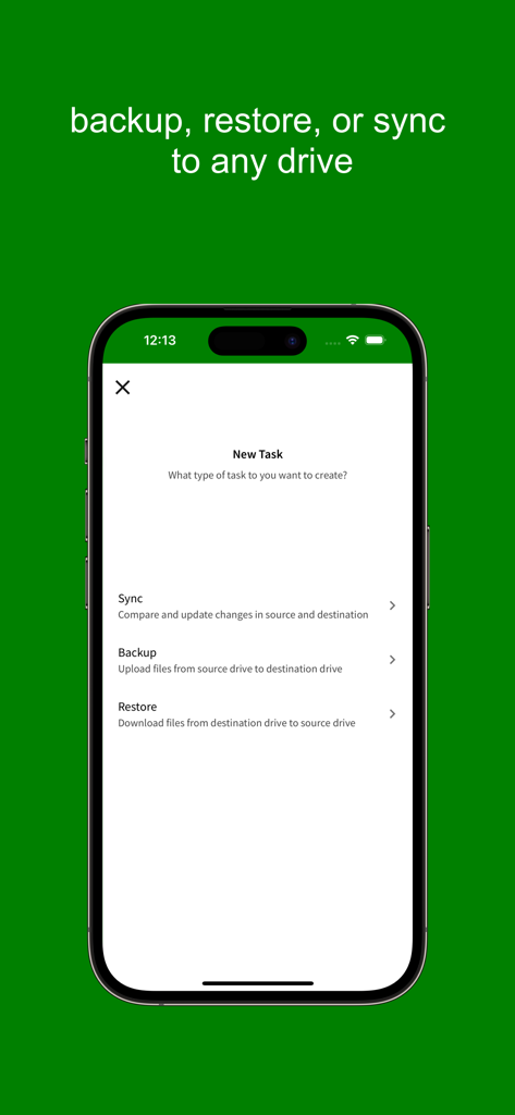 Pantalla de la aplicación móvil que muestra opciones para crear nuevas tareas de sincronización, copia de seguridad o restauración.