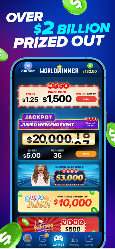 WorldWinner: Play for Cash - WorldWinner-App-Oberfläche, die Mega-Preisgelder und Echtgeld-Gaming-Turniere zeigt