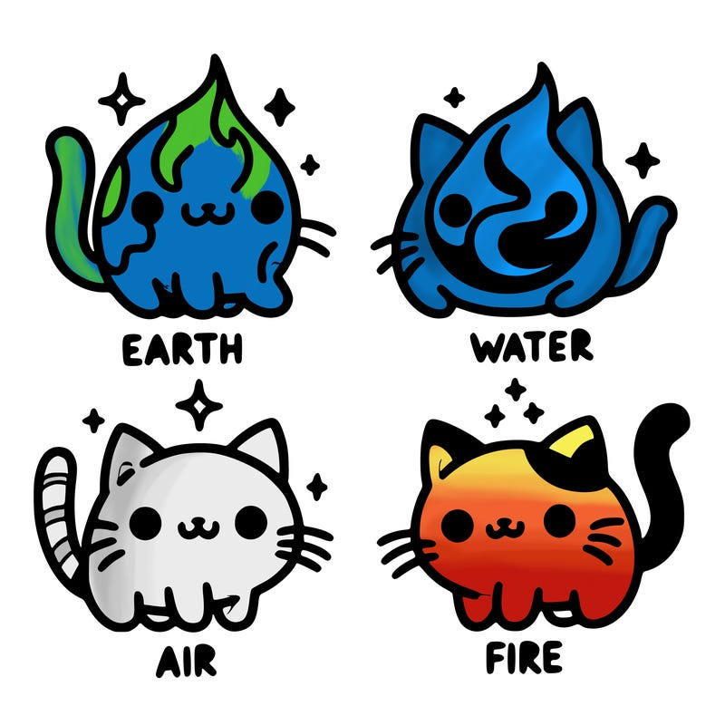 4 cats that represent the different elements, earth, water, air, and fire