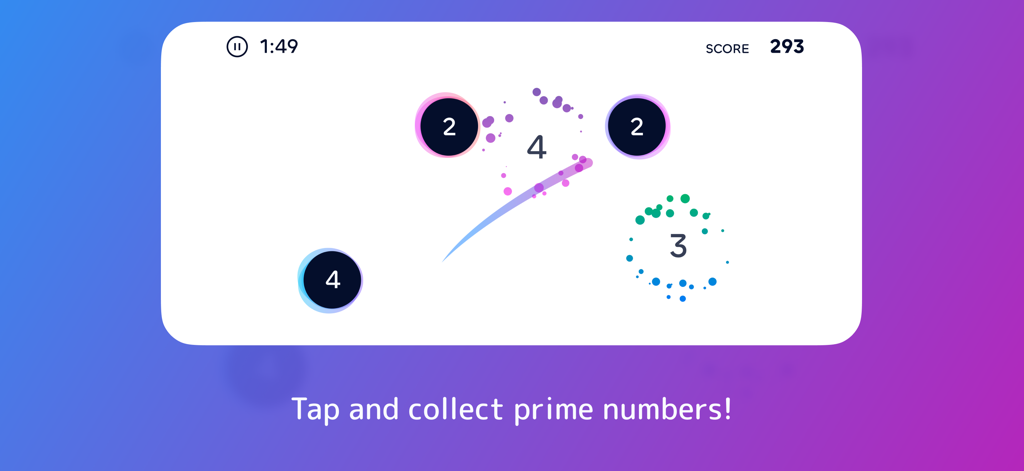 Primee! brain teaser game interface showing the slicing mechanic for prime numbers.