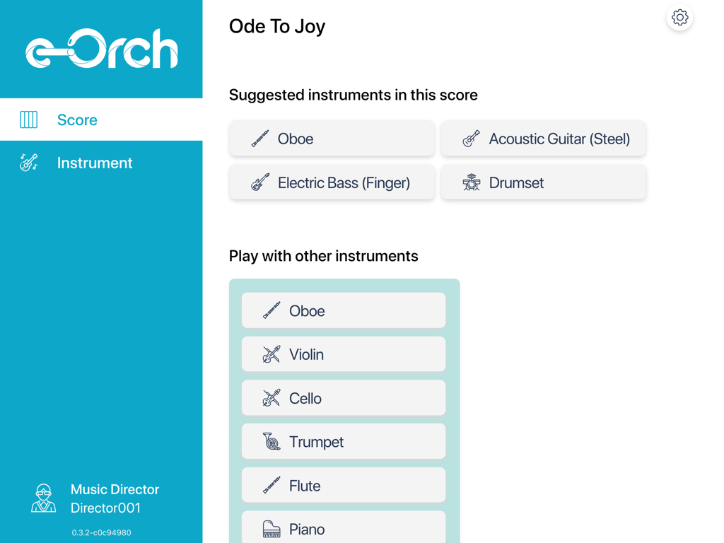 e-Orch - Interface of the e-Orch app showing musical instrument options for the Ode to Joy score