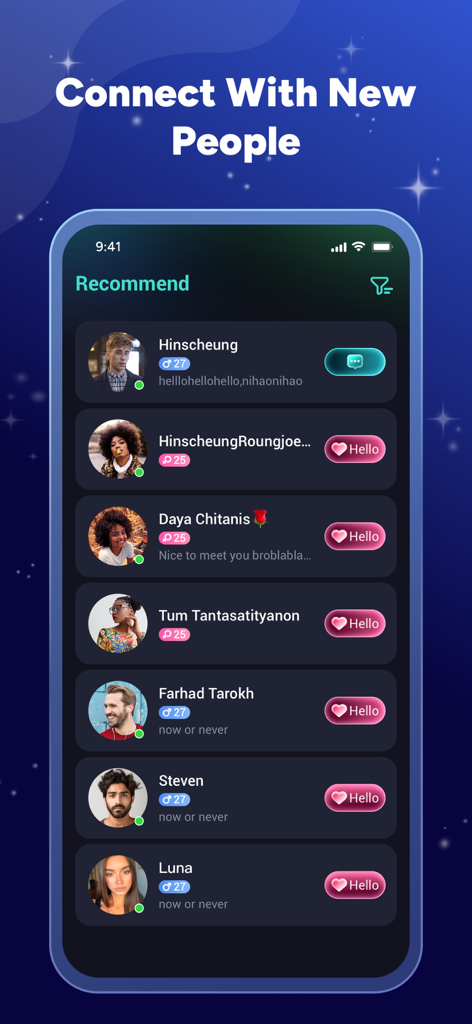 Achat India: Chat & AI Notes - Pantalla de la aplicación Achat India que muestra una lista de personas recomendadas para conocer y chatear.