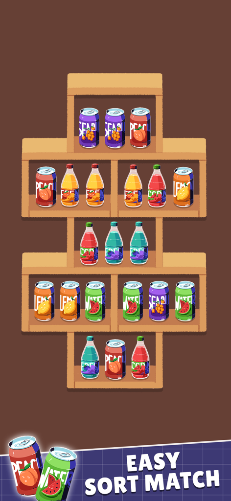No Wifi Fun - All In One Games - A sorting puzzle game where colorful cans are arranged on shelves in the No Wifi Fun app