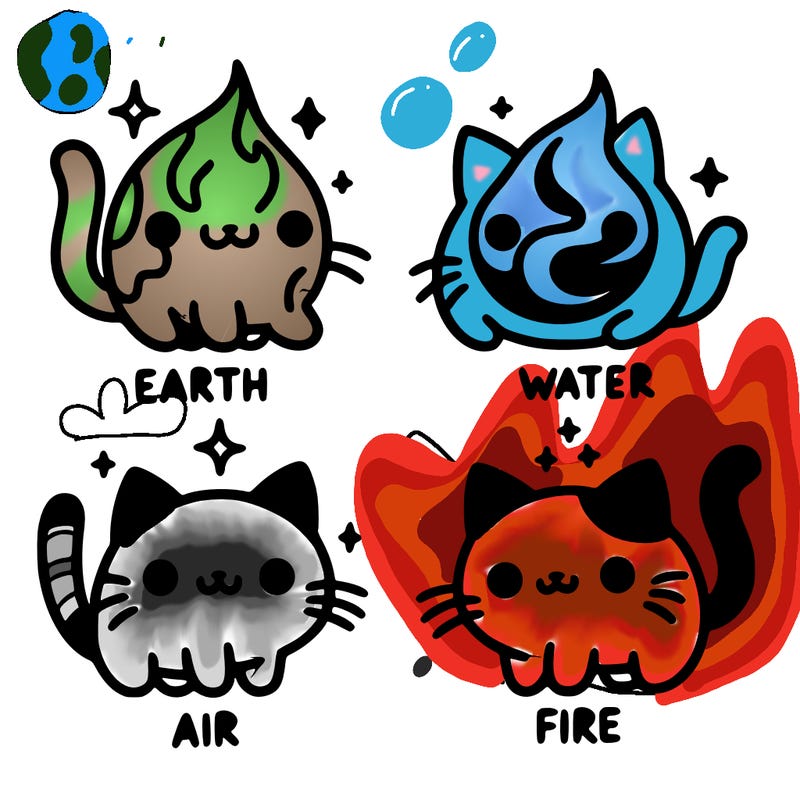 4 cats that represent the different elements, earth, water, air, and fire