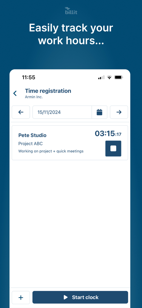 Billit Expenses - Interfaz de la aplicación móvil Billit Expenses para rastrear horas de trabajo facturables y registro de tiempo de proyectos