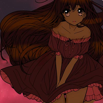 manga girl with long flowing hair and a dress that is pushed down