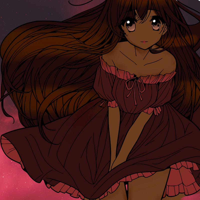 manga girl with long flowing hair and a dress that is pushed down
