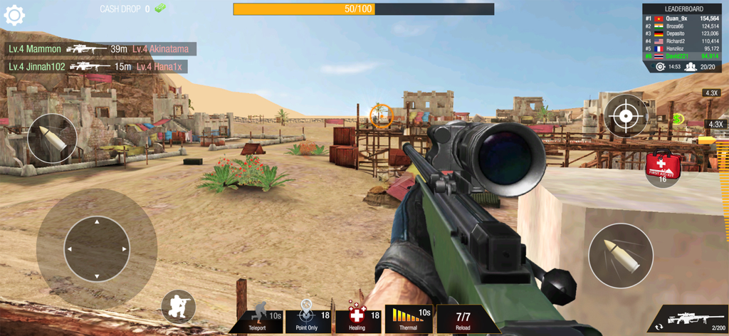 First person view of a sniper rifle aiming at a target in a desert arena in Sniper 3D Bullet Strike PvP
