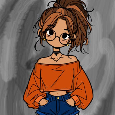 girl with a messy ponytail glasses a baggy crop top and jean shorts