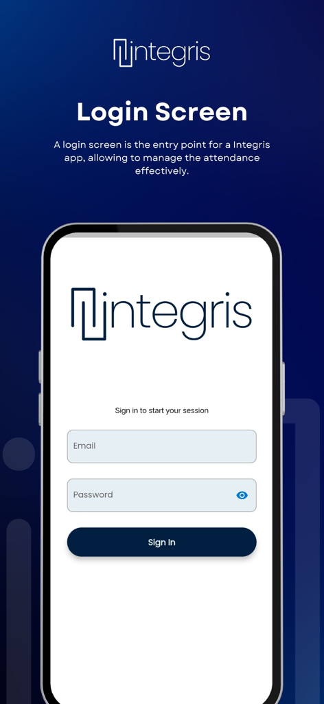 Integris: Attendance App - Tela de login do Integris Attendance App para funcionários e administradores.
