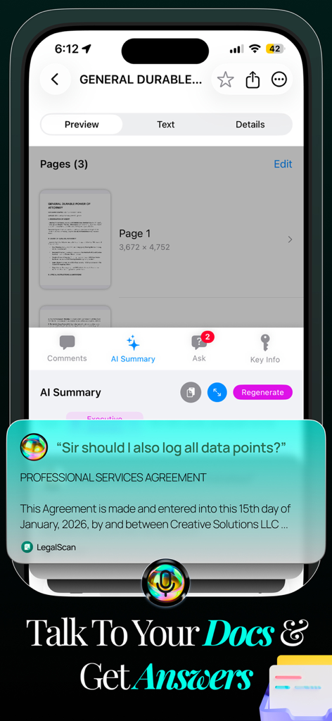 Interfaz de la aplicación Legal Scan que muestra el resumen del documento de IA y la función de chat interactivo con un acuerdo de servicios profesionales.
