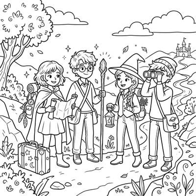Join a group of young sorcerers as they embark on an exciting vacation journey, perfect for kids who love magic and adventure. This charming coloring page is filled with delightful details to spark imagination.