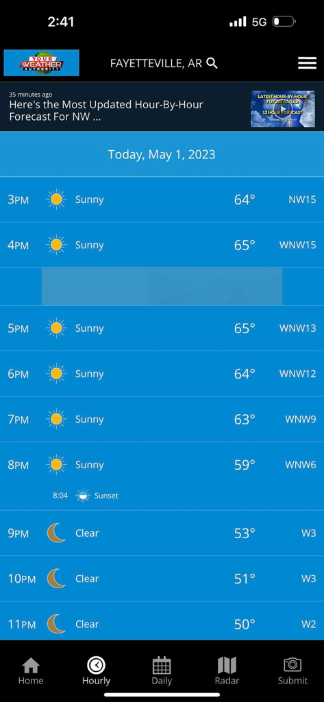 NWA - Your Weather Authority - NWA Weather Authority app hourly forecast for Fayetteville Arkansas showing sunny weather and temperatures