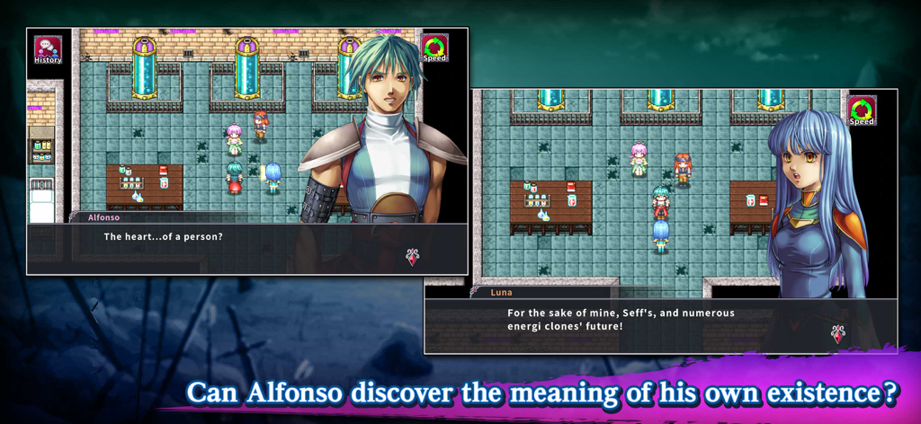 Character dialogue between Alfonso and Luna in a pixel art laboratory scene from RPG Alphadia III