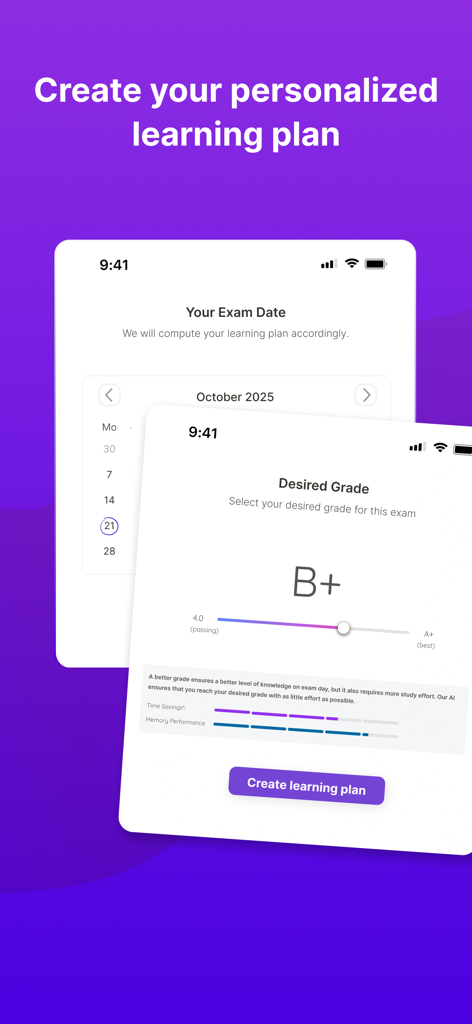 Interface de l'application Retain Cards montrant la sélection de la date d'examen et le curseur de note visée pour un plan d'apprentissage personnalisé.