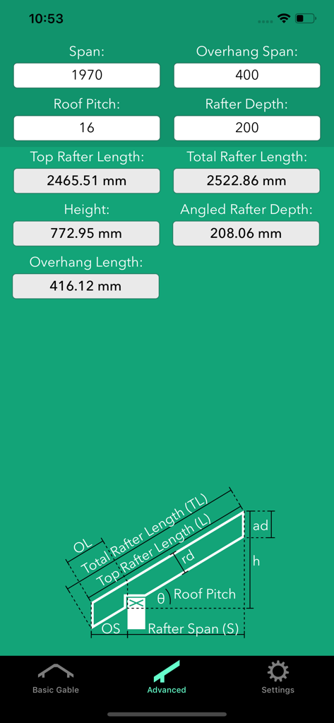Rafter Help - Advanced rafter calculation interface with technical measurement diagram