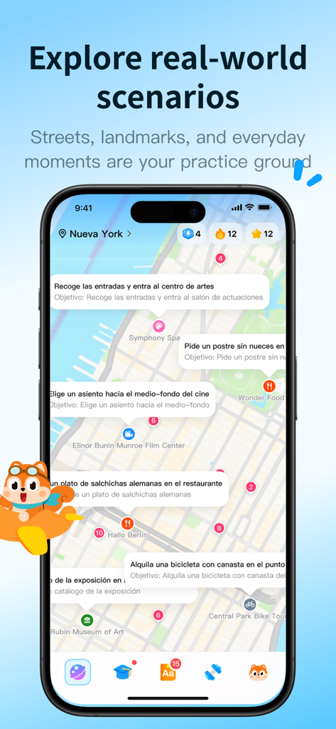 Lingtas – Real World English. - Lingtas app interface showing an interactive map of New York City with real-world English practice scenarios