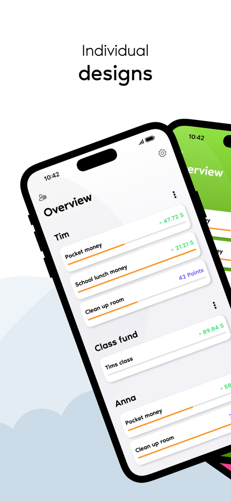 Smartphone screen showing the Pockey app interface with multiple account balances for pocket money and reward points