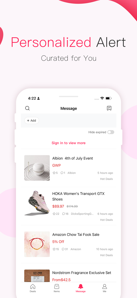 DealMoon - Best Deals, Coupons - Interfaz de la aplicación DealMoon mostrando una lista de alertas de compras personalizadas para marcas de lujo y artículos de moda