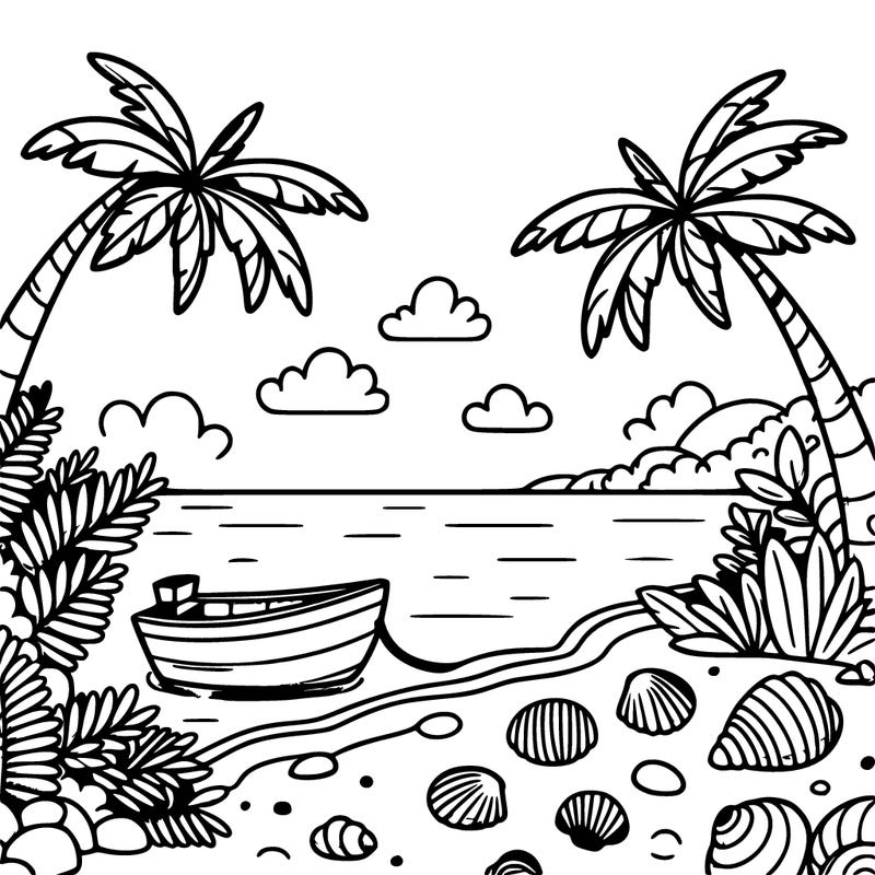 tropical beach – a relaxing shoreline with palm trees, seashells, and a small boat floating nearby.