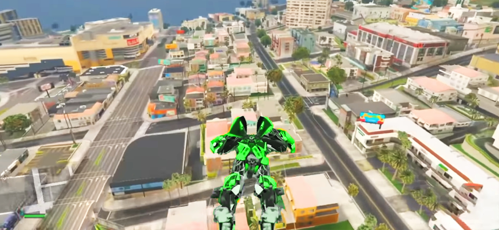Real Robot Car Transform Game - Um grande robô verde voando sobre um ambiente de cidade de mundo aberto em 3D