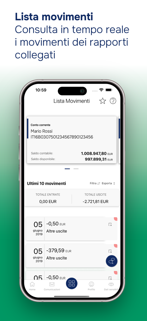 BAPS@MOBILE - Schermata dello smartphone che mostra la cronologia delle transazioni e il saldo del conto sull'app bancaria BAPS@MOBILE