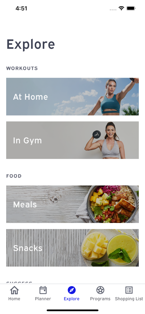 Emily Skye FIT: Workout App - Emily Skye FIT app explore screen featuring workout categories for home and gym and nutrition sections for meals and snacks