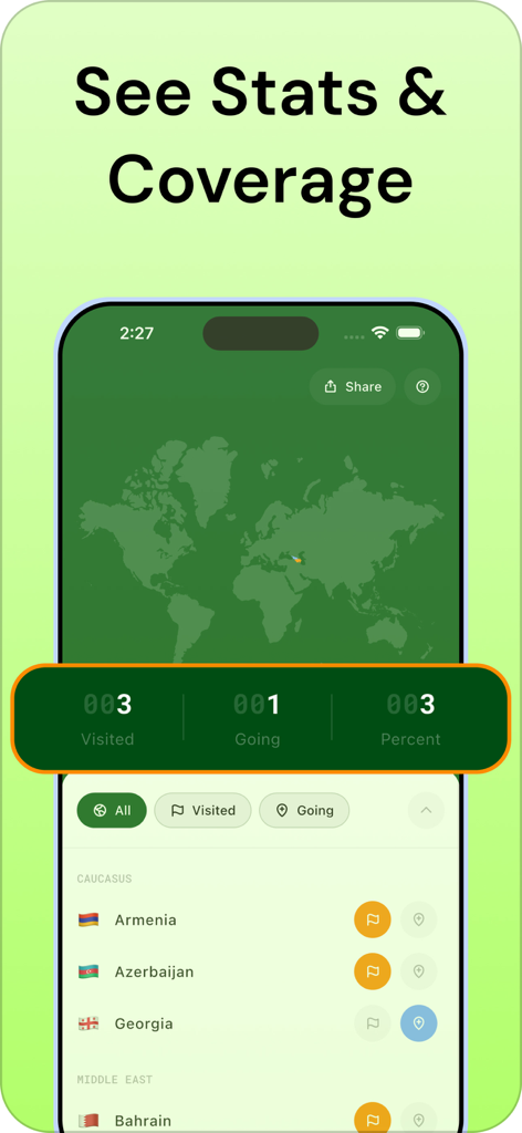 Travel Tracker - Travely - 트래블 트래커 앱 인터페이스로 세계 지도와 방문한 국가 및 여행 커버리지 비율에 대한 통계를 보여줍니다